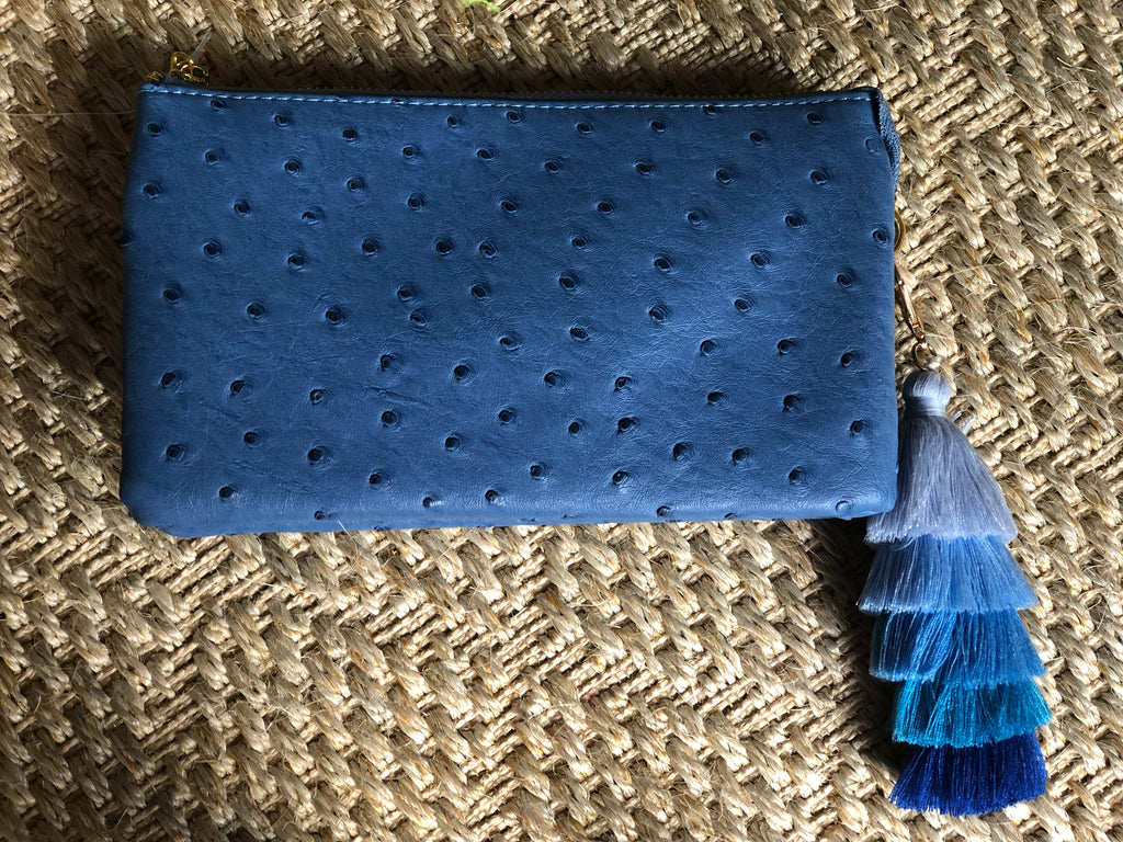Azure Small Faux Ostrich Clutch w/ Tassel - The Kemble Shop