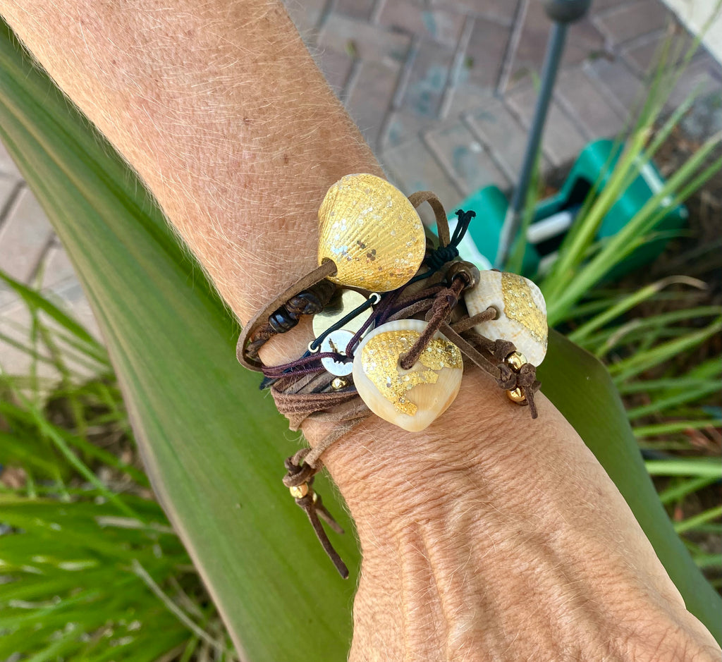 Truono Suede Wrap Bracelets w/Gold Leaf Painted Shells & Beads - The Kemble Shop