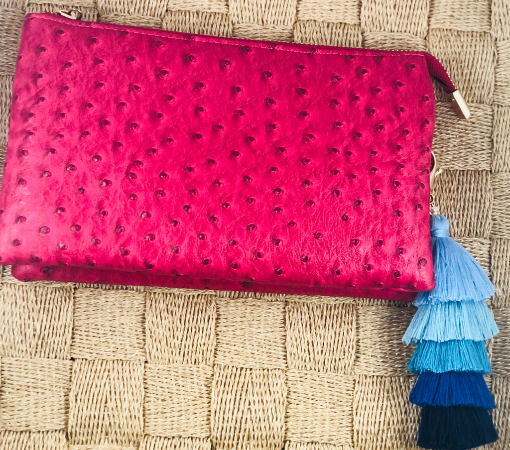 Deep Pink Small Faux Ostrich Clutch w/ Tassel - The Kemble Shop