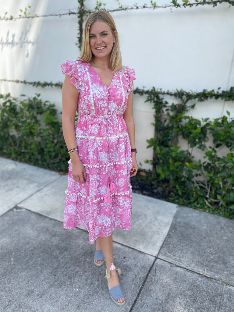 Deep Pink Pom Pom Dress - Long - The Kemble Shop