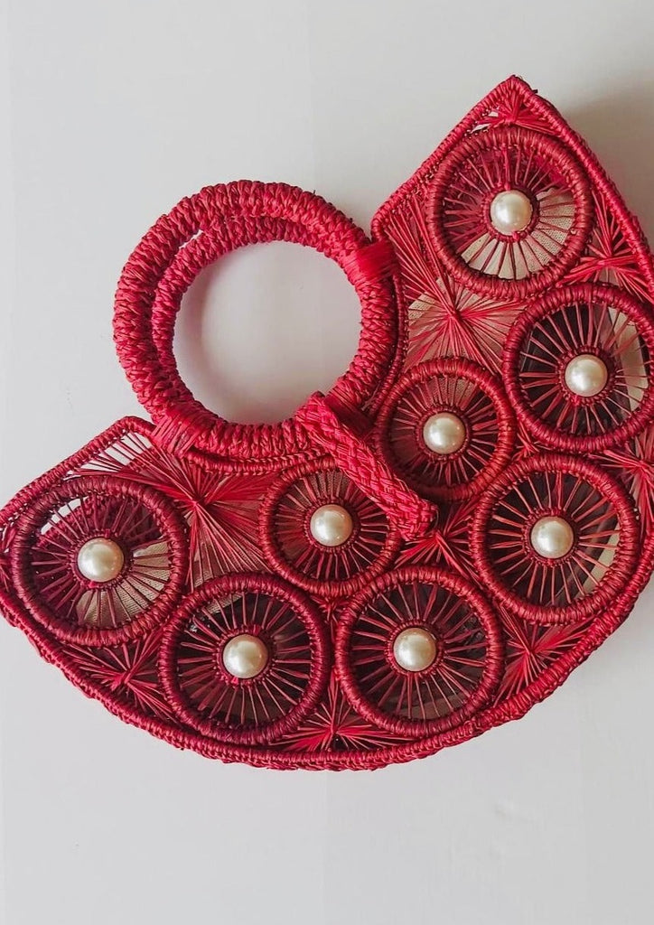 Red Half Moon Tote with Pearl Detail - The Kemble Shop