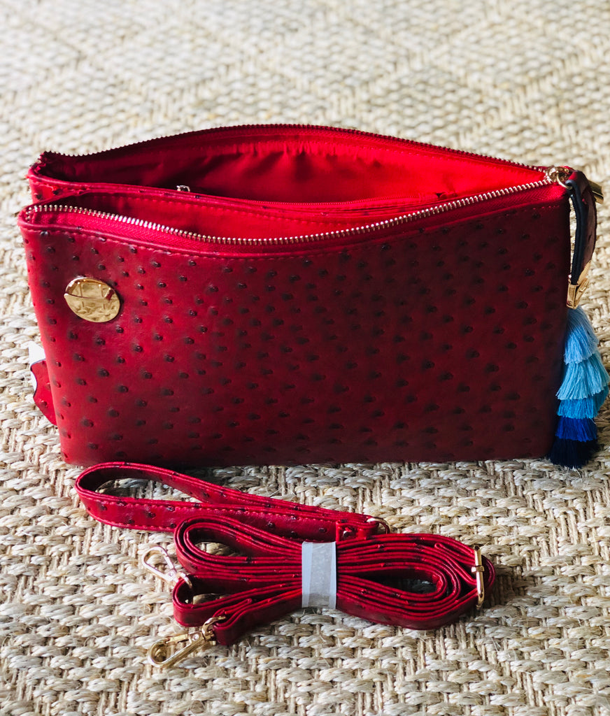 Red Large Faux Ostrich Clutch w/Tassel - The Kemble Shop