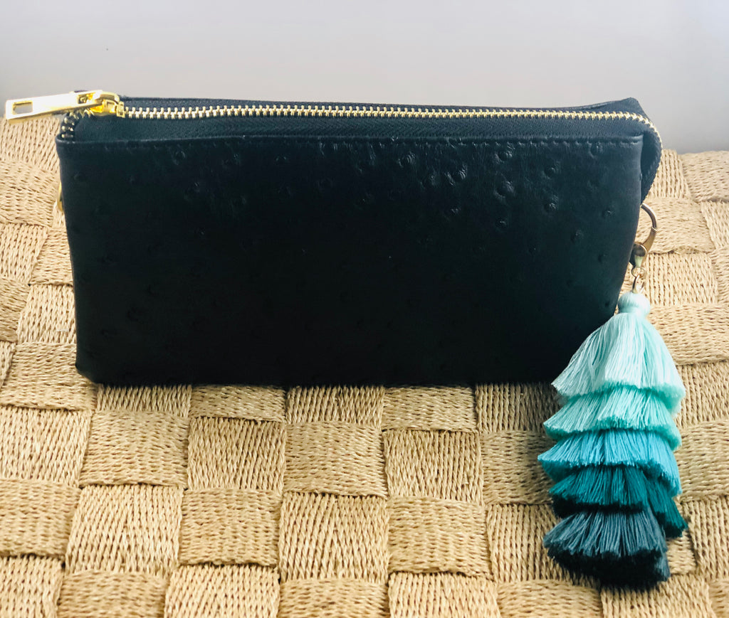 Black Small Faux Ostrich Clutch w/ Tassel - The Kemble Shop