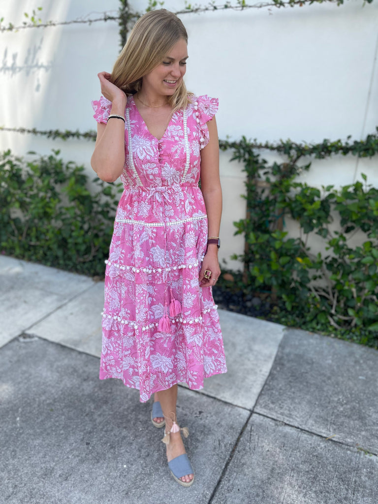 Deep Pink Pom Pom Dress - Long - The Kemble Shop