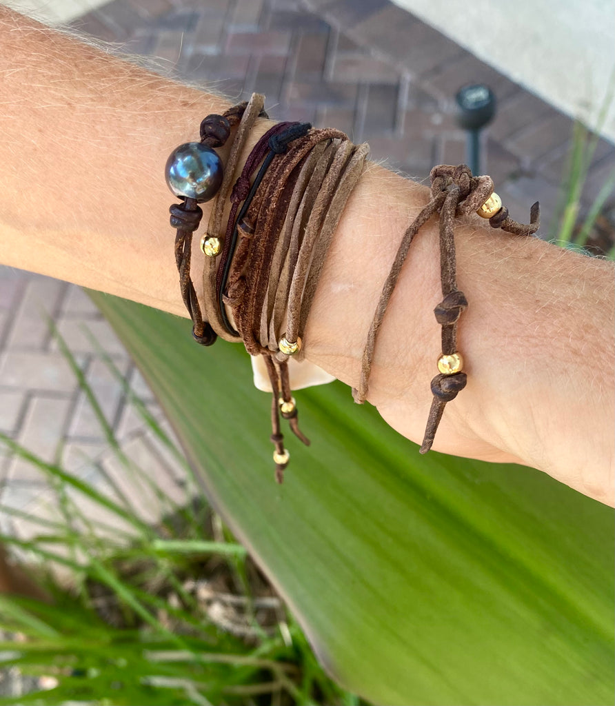 Truono Suede Wrap Bracelets w/Gold Leaf Painted Shells & Beads - The Kemble Shop