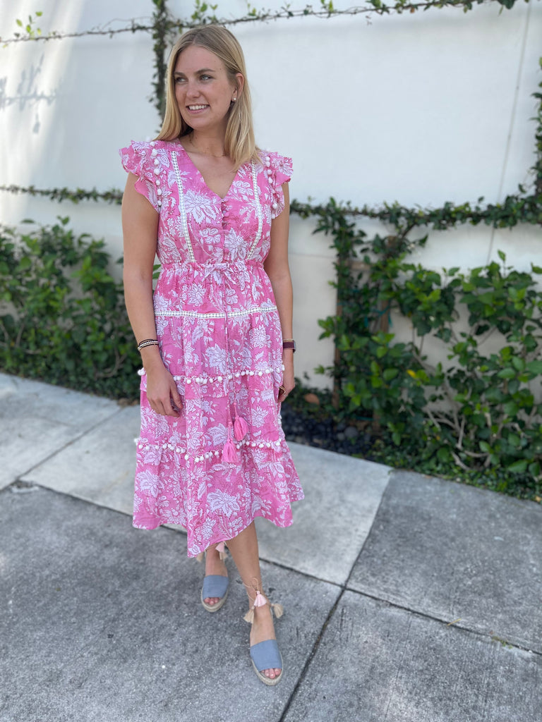Deep Pink Pom Pom Dress - Long - The Kemble Shop