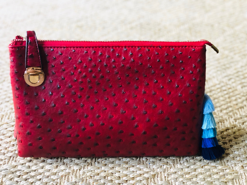 Red Large Faux Ostrich Clutch w/Tassel - The Kemble Shop