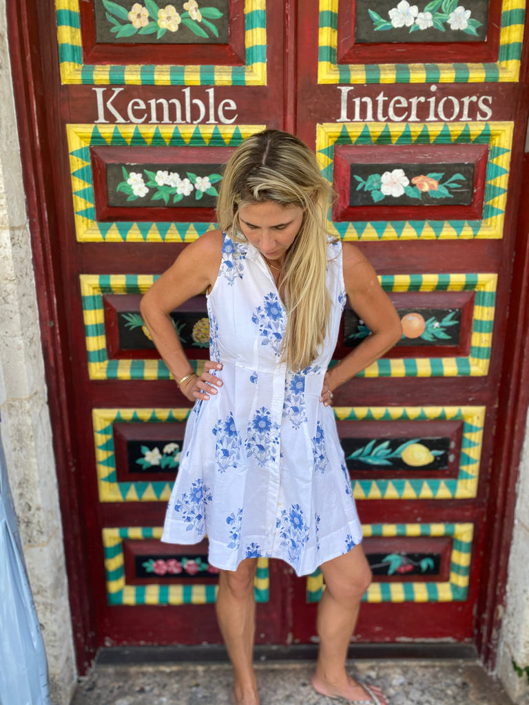 Jamie Sleeveless Blue Dahlia Mini Shirt Dress - The Kemble Shop