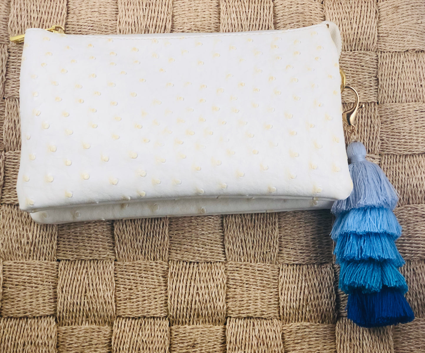 Cream Small Faux Ostrich Clutch w/Tassel - The Kemble Shop