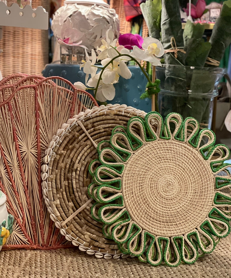 Custom Rattan Green and Natural Placemats - The Kemble Shop