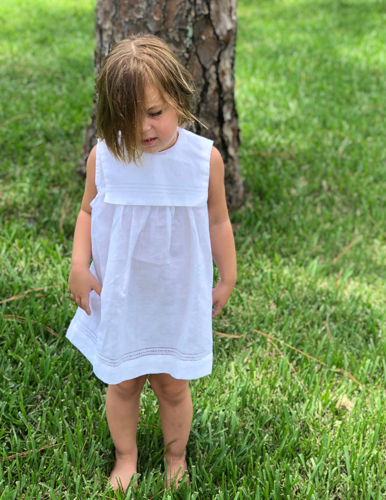 Girls White Linen Dress w/front Sailors Collar - The Kemble Shop