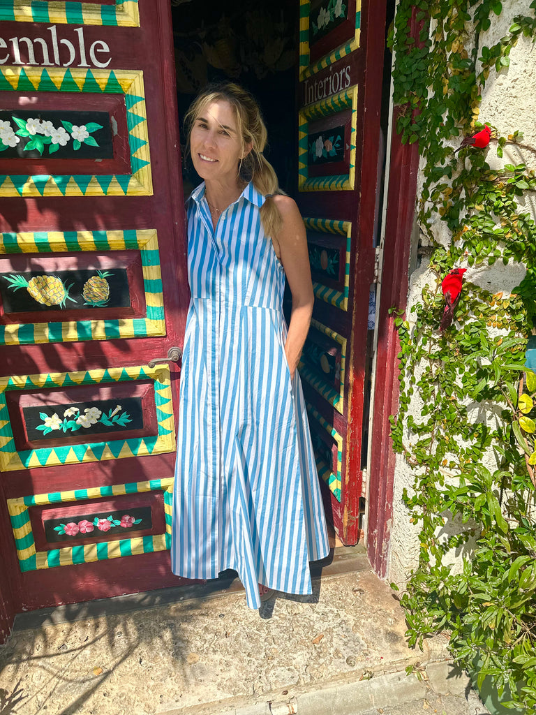 Mimi Sleeveless Long Blue & White Striped Dress - The Kemble Shop