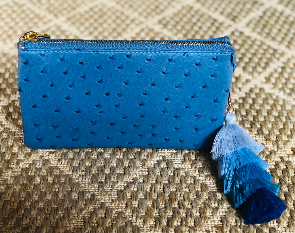 Azure Small Faux Ostrich Clutch w/ Tassel - The Kemble Shop