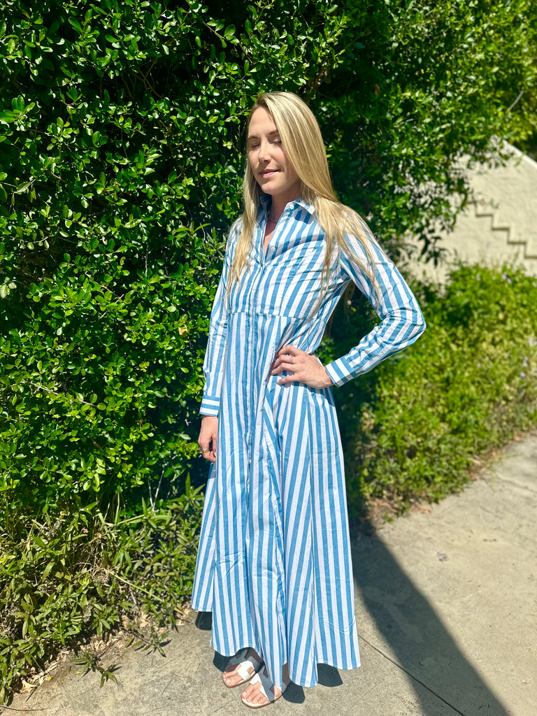 Mimi Long Sleeved Long Blue Striped Shirt Dress - The Kemble Shop