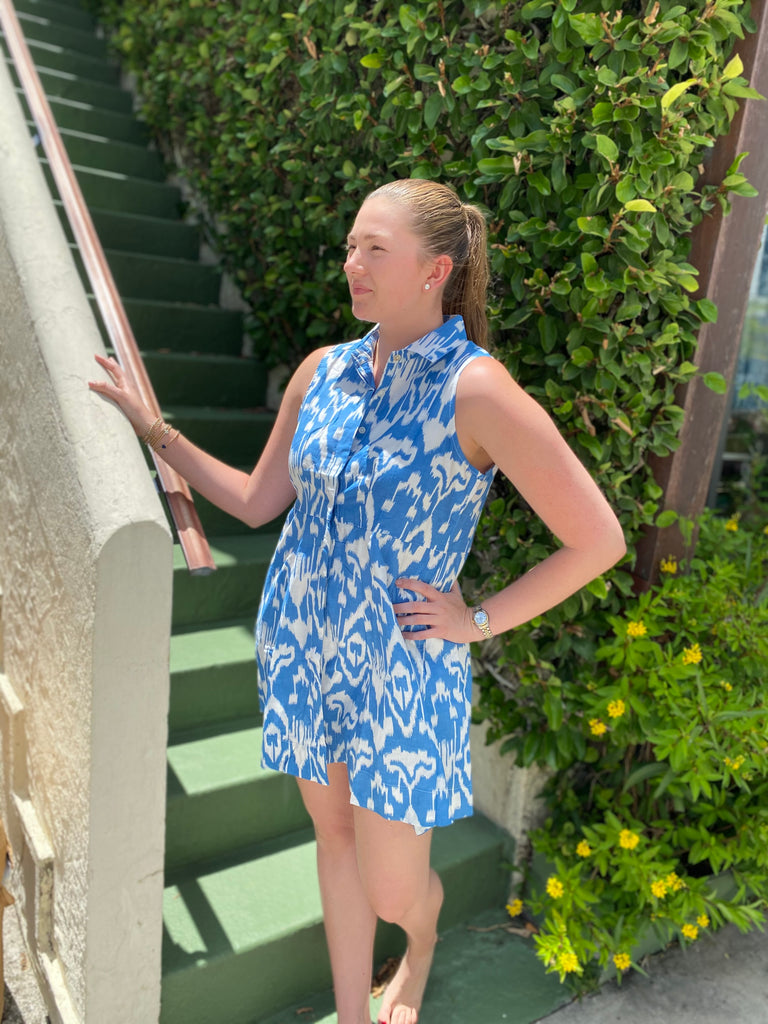 Jamie Sleeveless Blue Ikat Mini Shirt Dress - The Kemble Shop