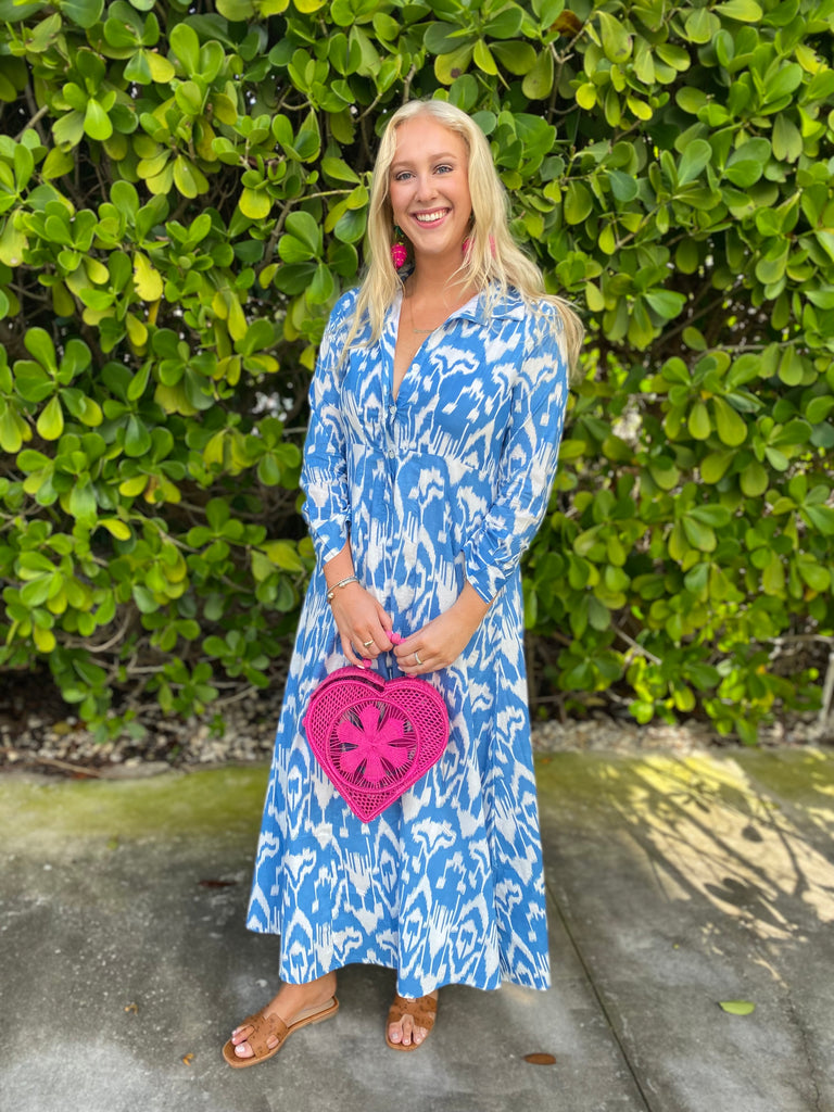 Mimi Long Sleeve Long Blue Ikat Shirt Dress - The Kemble Shop