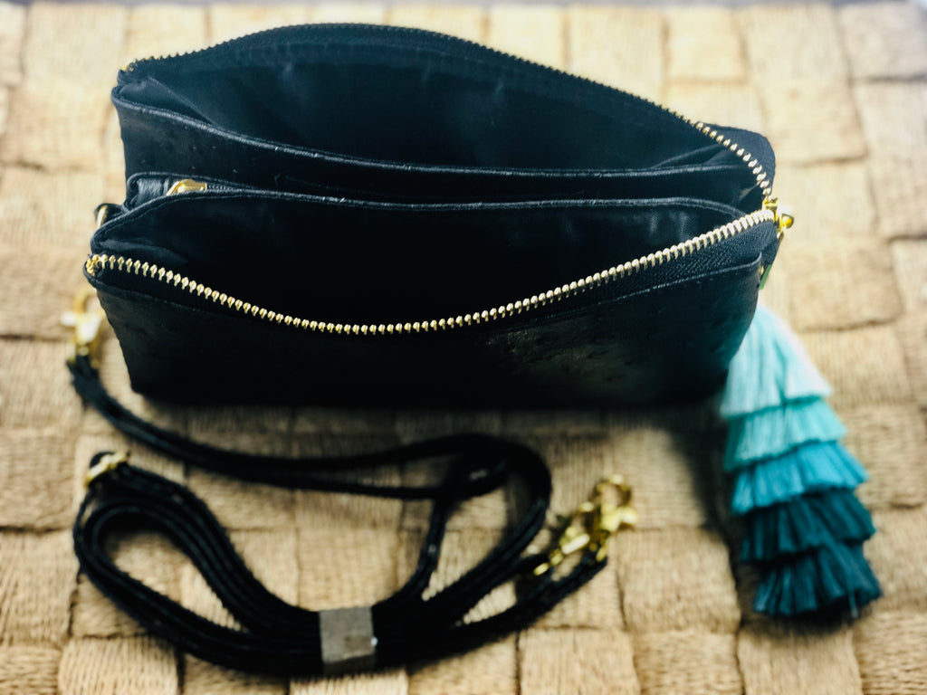 Black Small Faux Ostrich Clutch w/ Tassel - The Kemble Shop