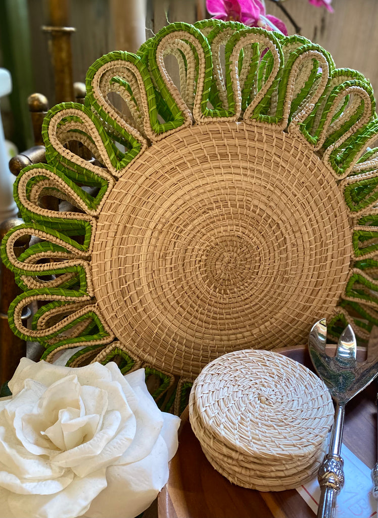 Custom Rattan Green and Natural Placemats - The Kemble Shop