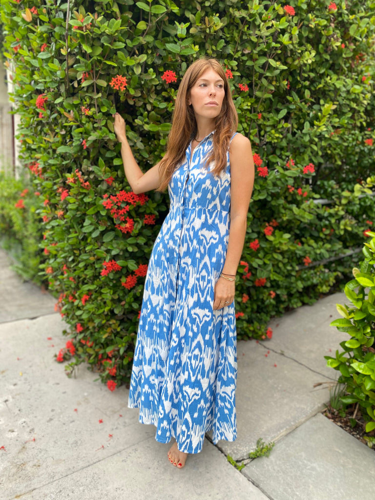Mimi Sleeveless Long Blue Ikat Shirt Dress - The Kemble Shop