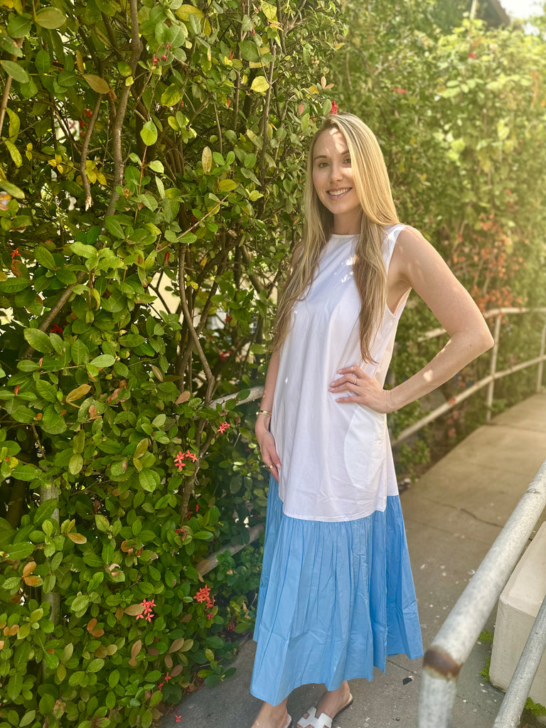 Ella Sleeveless Long Blue & White Dress - The Kemble Shop