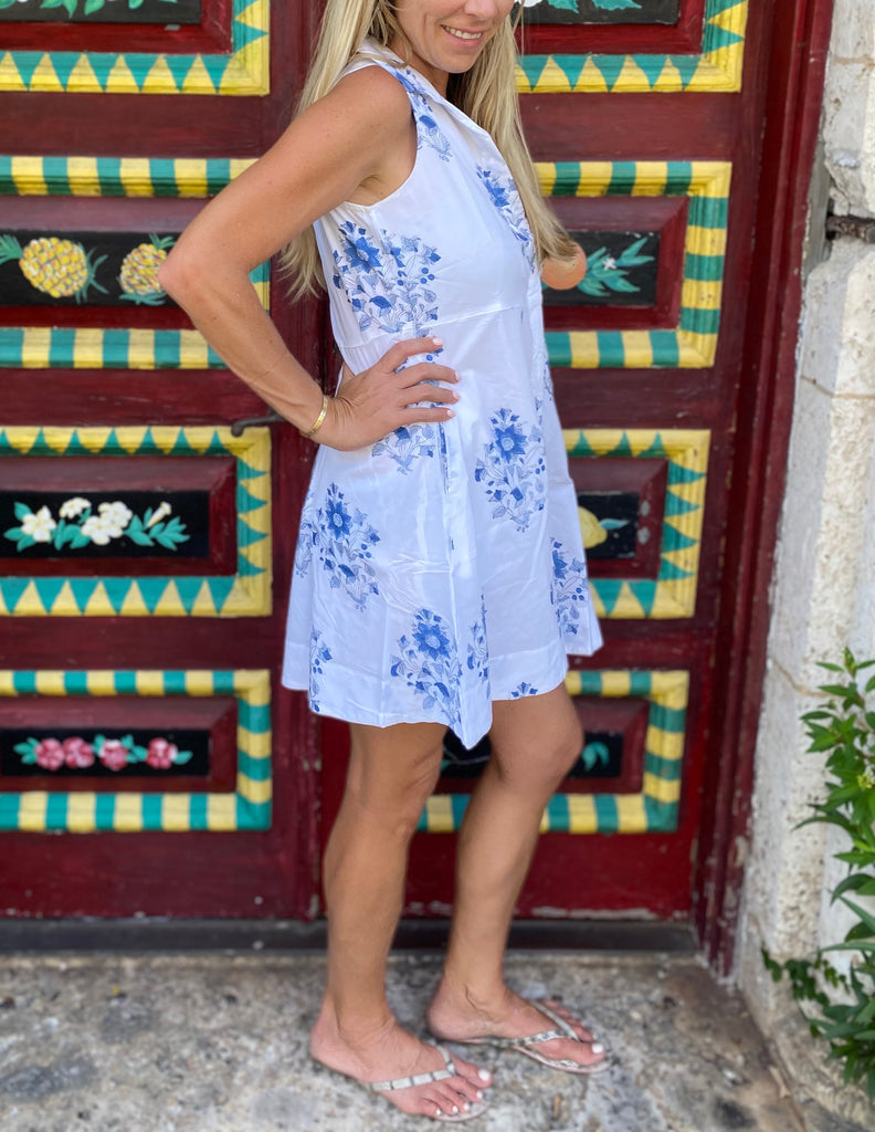 Jamie Sleeveless Blue Dahlia Mini Shirt Dress - The Kemble Shop