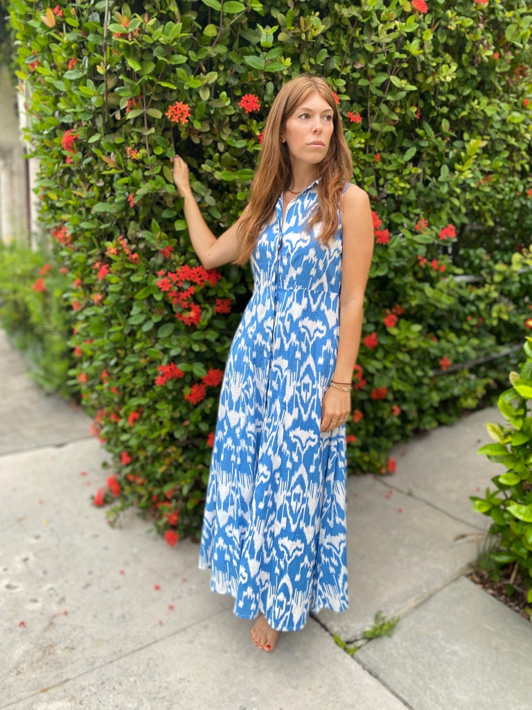 Mimi Sleeveless Long Blue Ikat Shirt Dress - The Kemble Shop