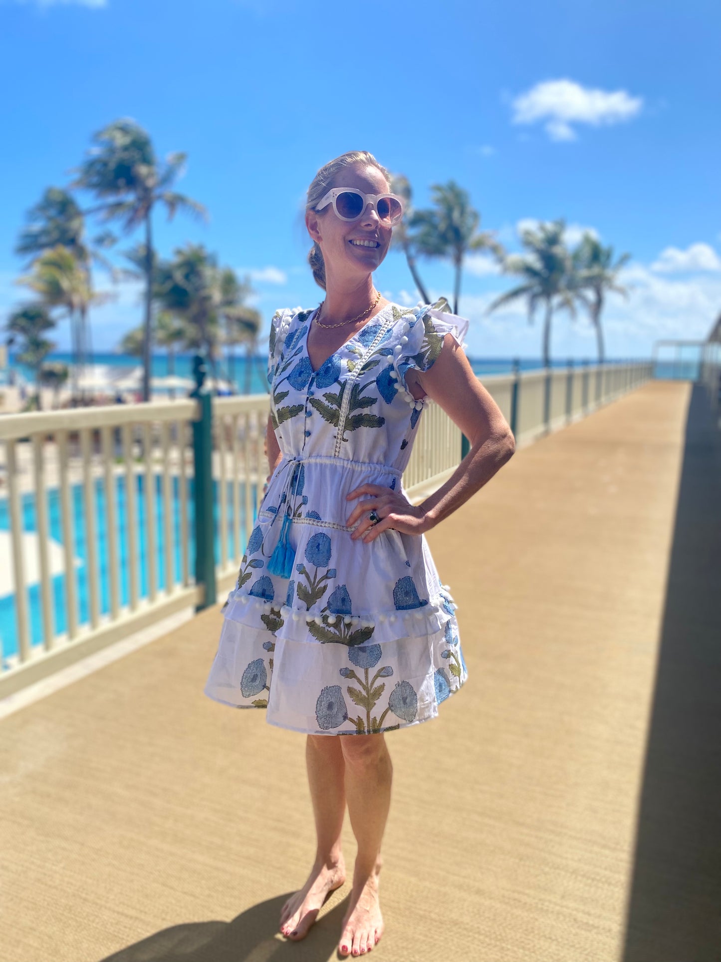 Cece Blue Poppy Pom Pom Dress - Short - The Kemble Shop