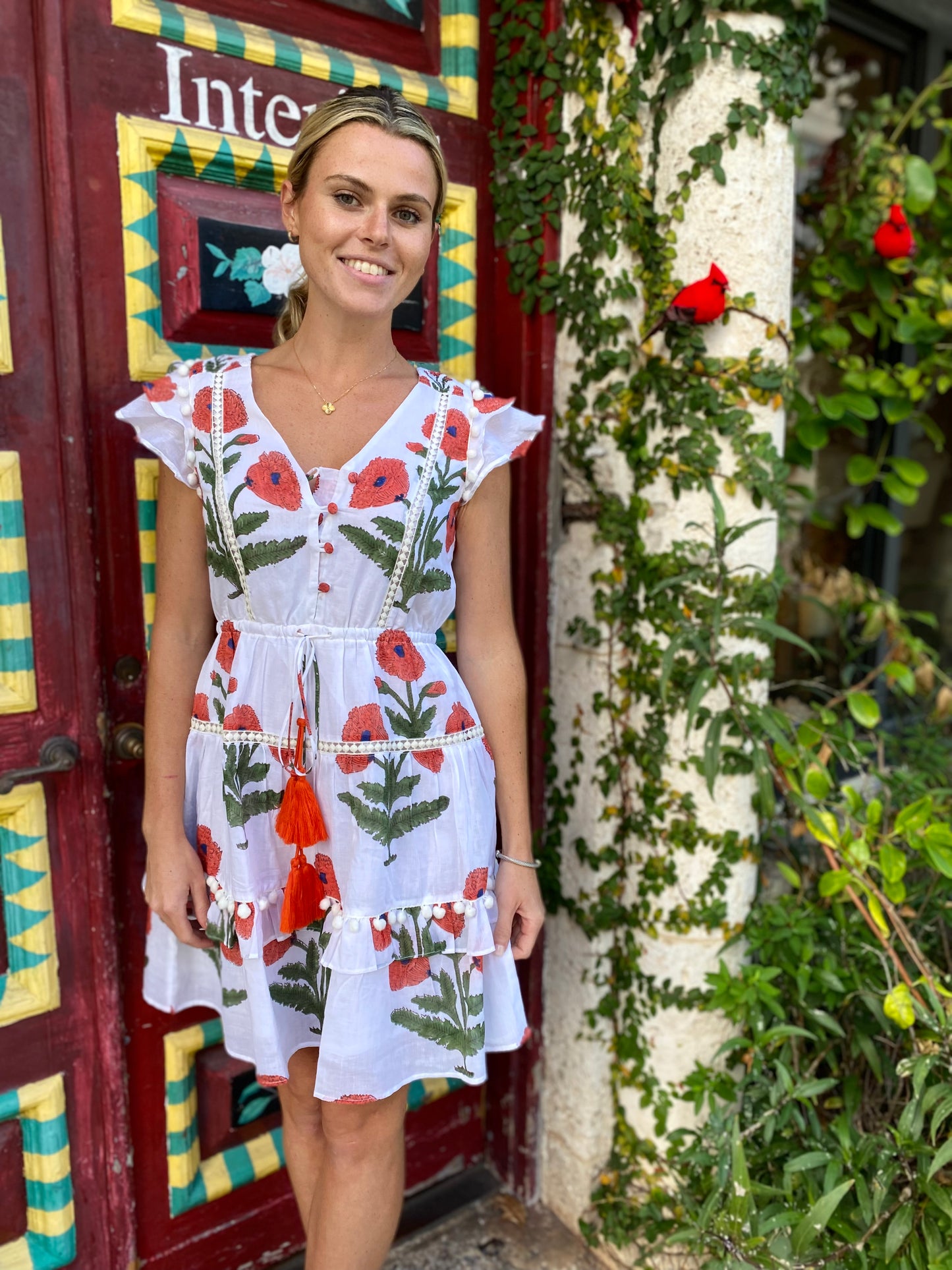Cece Orange Poppy Pom Pom Dress - Short - The Kemble Shop