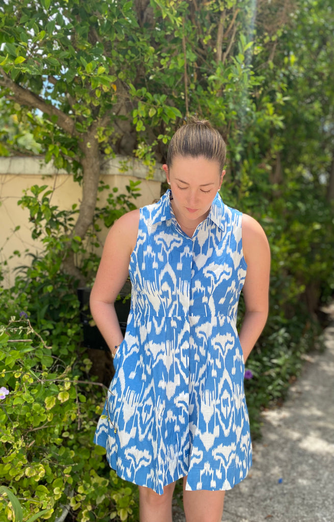 Jamie Sleeveless Blue Ikat Mini Shirt Dress - The Kemble Shop