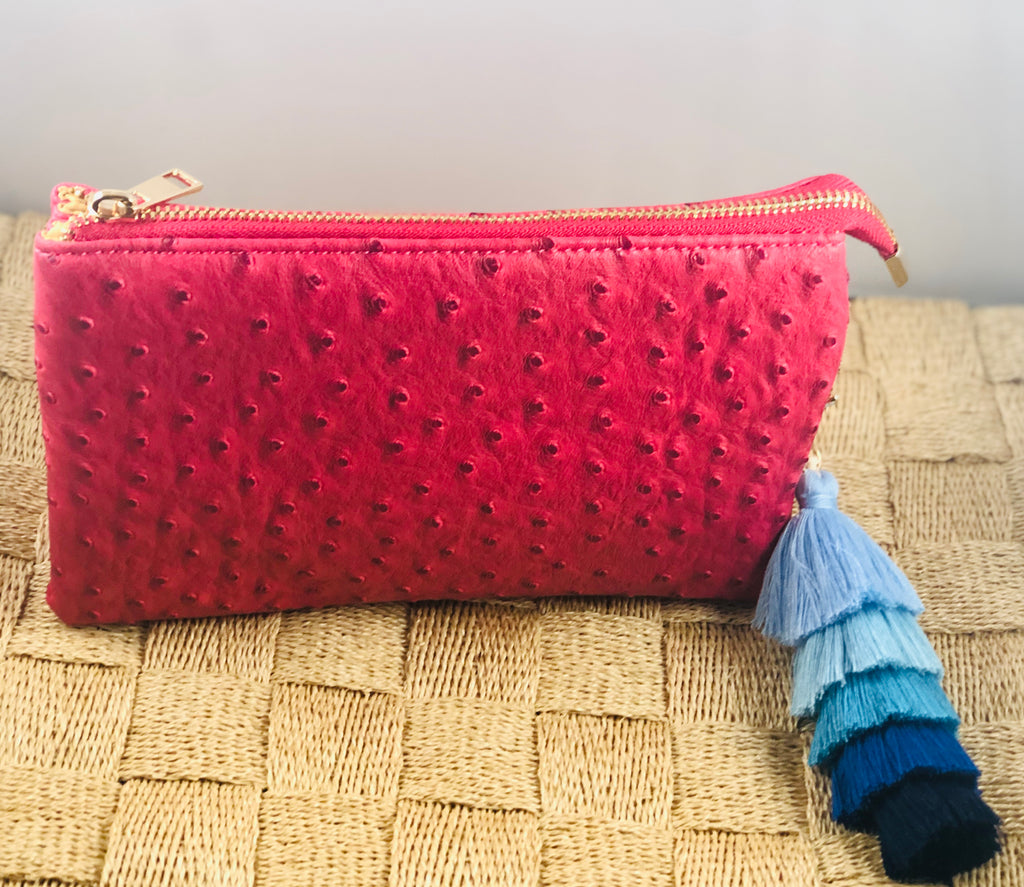 Deep Pink Small Faux Ostrich Clutch w/ Tassel - The Kemble Shop