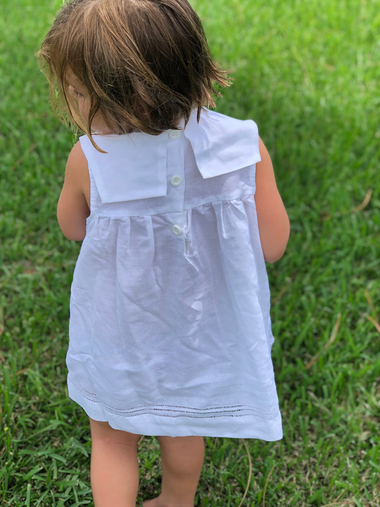 Girls White Linen Dress w/front Sailors Collar - The Kemble Shop