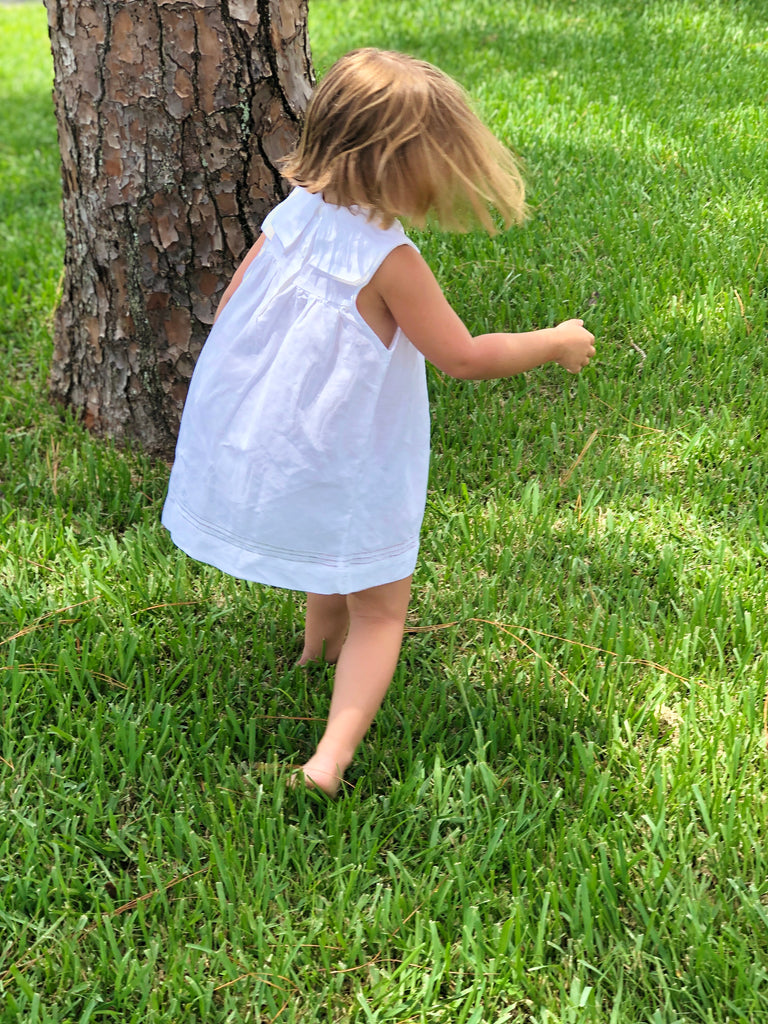 Girls White Linen Dress w/front Sailors Collar - The Kemble Shop