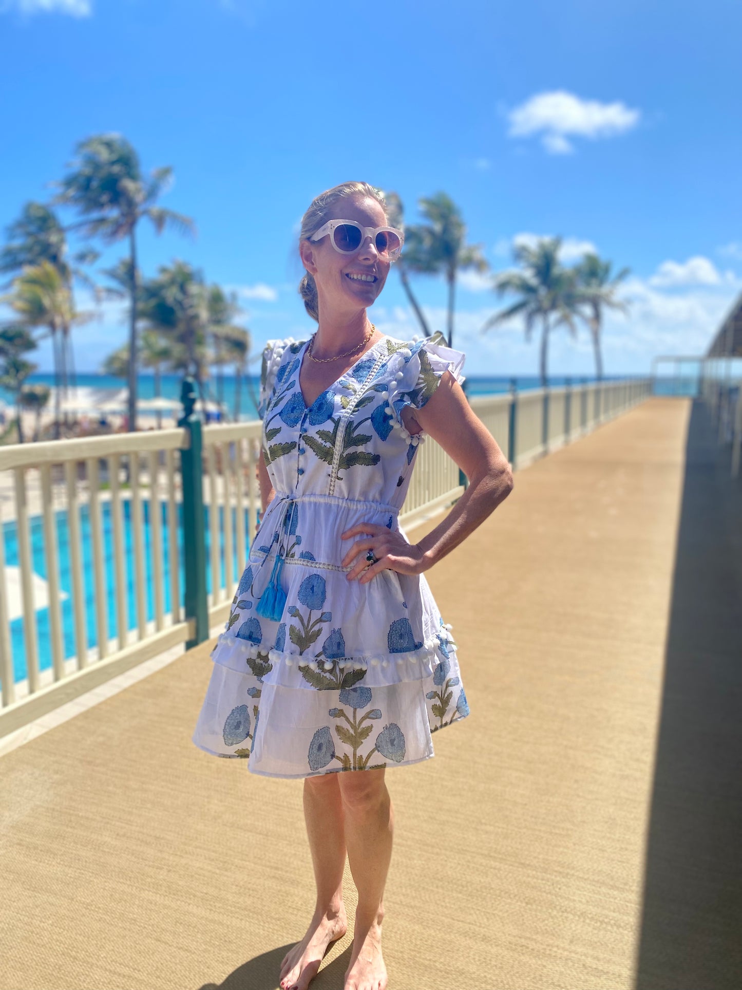 Cece Blue Poppy Pom Pom Dress - Short - The Kemble Shop