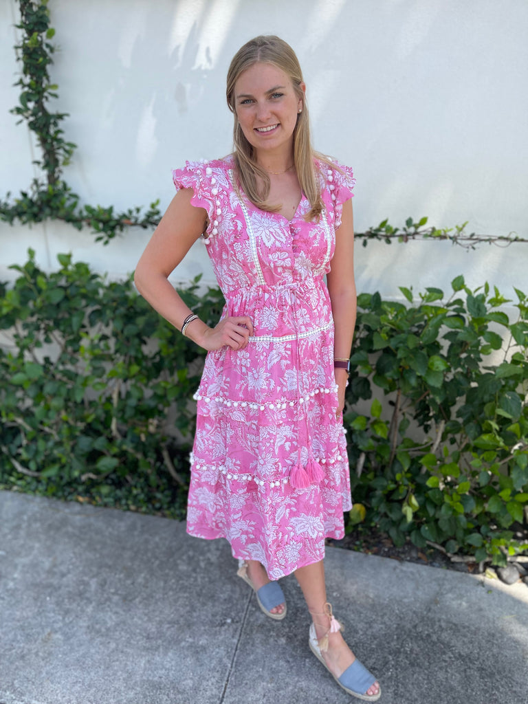 Deep Pink Pom Pom Dress - Long - The Kemble Shop