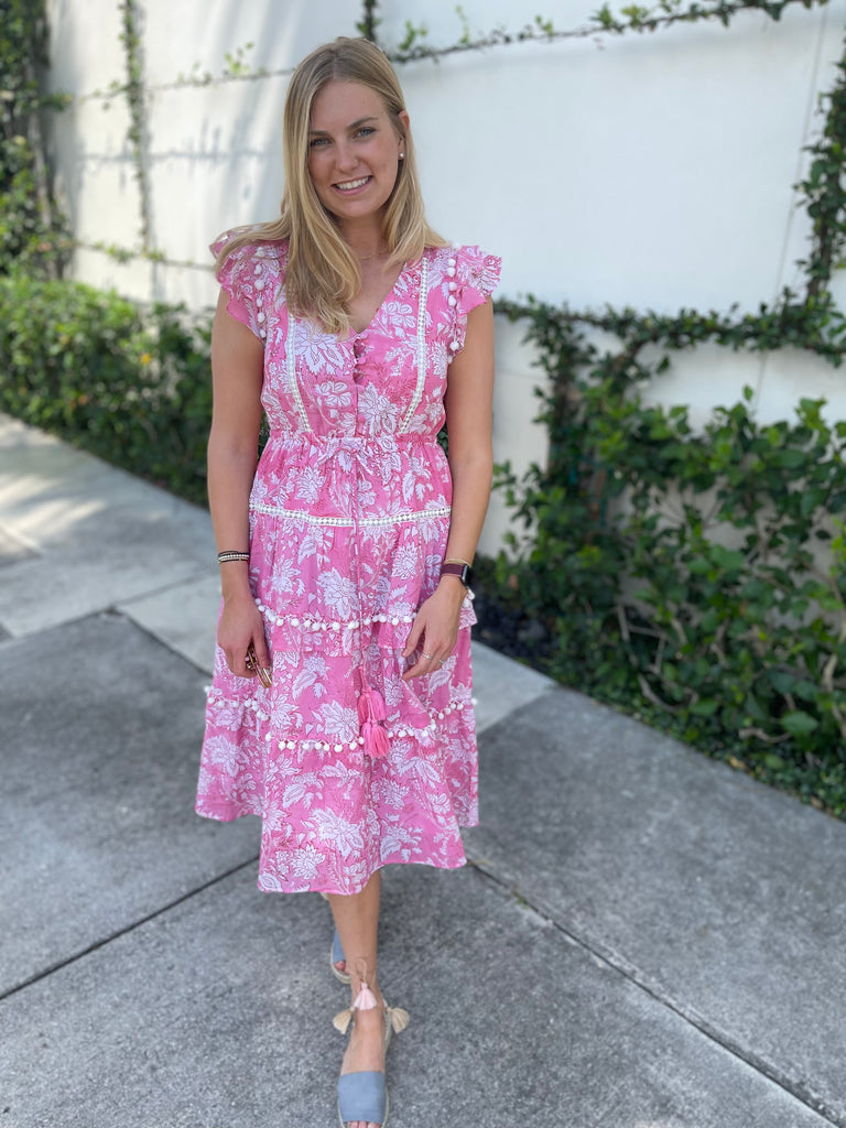 Deep Pink Pom Pom Dress - Long - The Kemble Shop