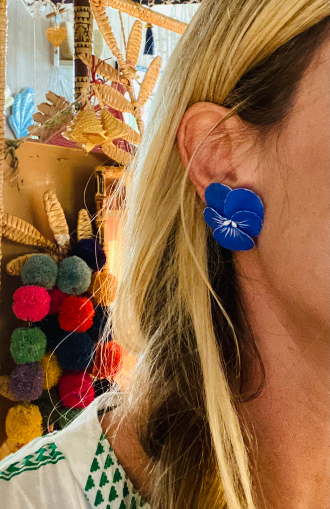 Medium Blue w/White Pansy Earring - The Kemble Shop