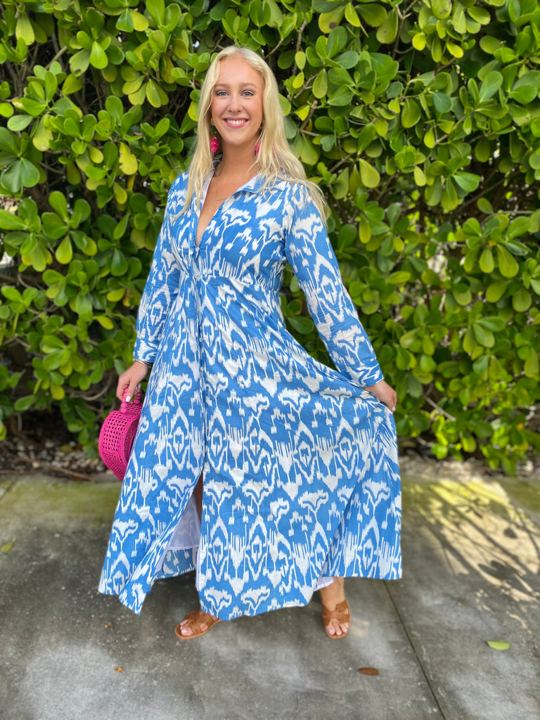 Mimi Long Sleeve Long Blue Ikat Shirt Dress - The Kemble Shop