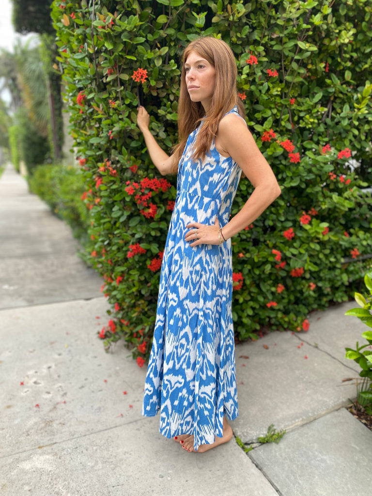 Mimi Sleeveless Long Blue Ikat Shirt Dress - The Kemble Shop