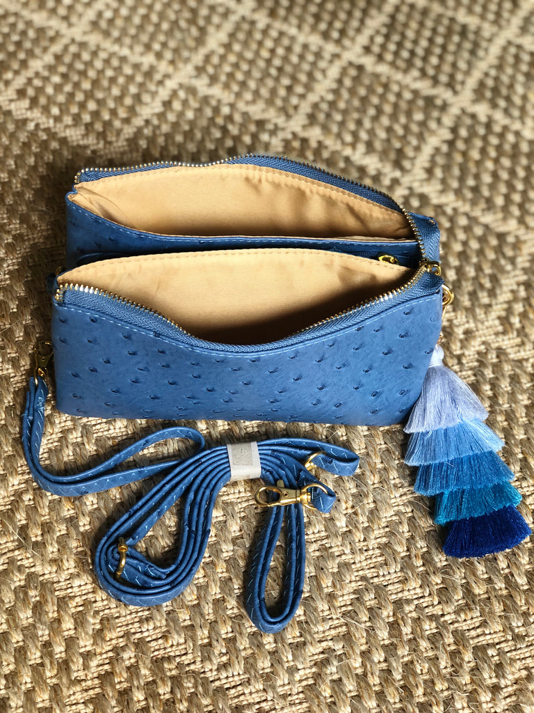 Azure Small Faux Ostrich Clutch w/ Tassel - The Kemble Shop
