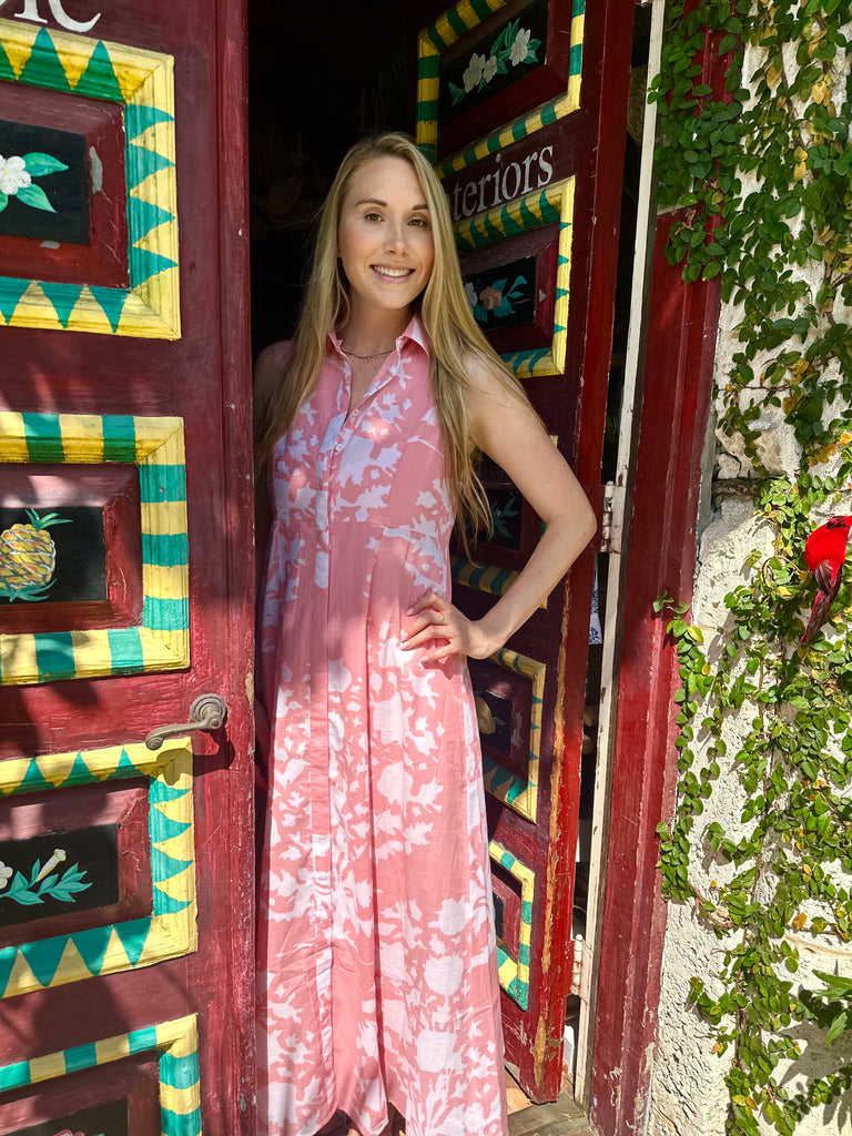 Mimi Sleeveless Long Candy Pink Bouquet Dress - The Kemble Shop