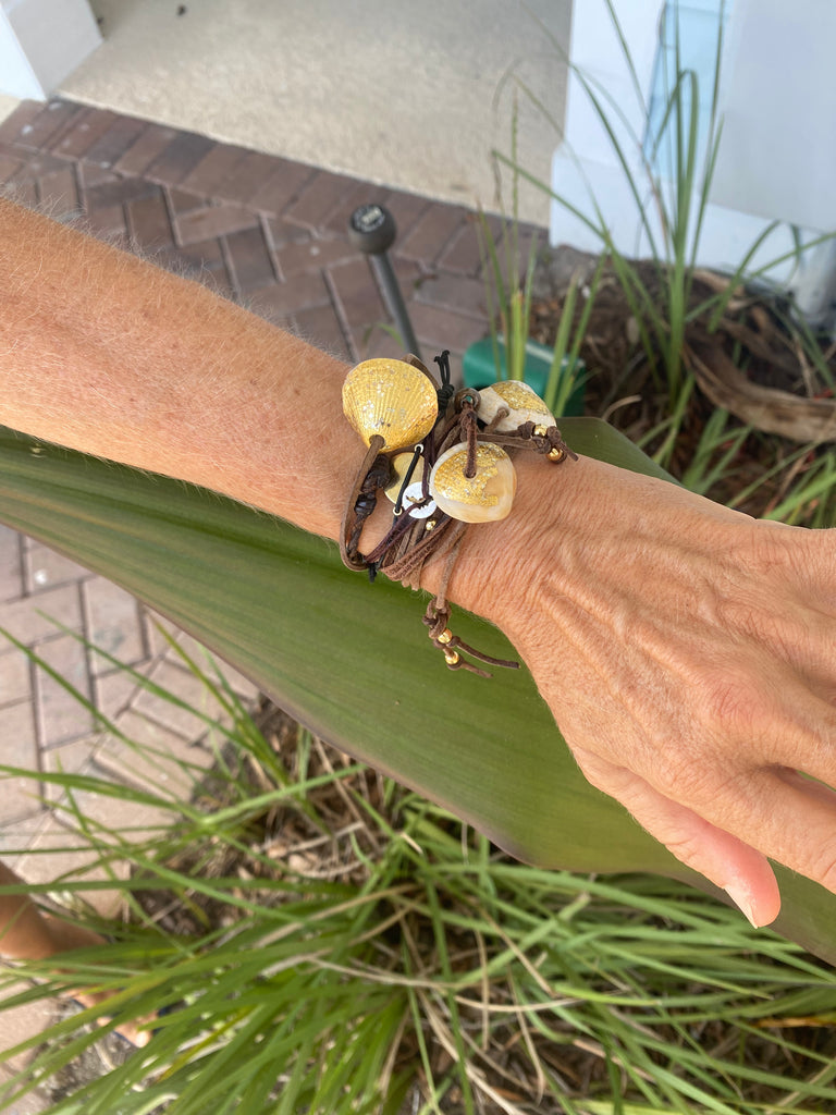 Truono Suede Wrap Bracelets w/Gold Leaf Painted Shells & Beads - The Kemble Shop