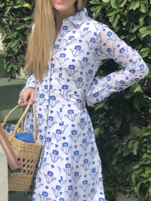 Mimi Long Sleeve Long Blue Sprig Shirt Dress - The Kemble Shop