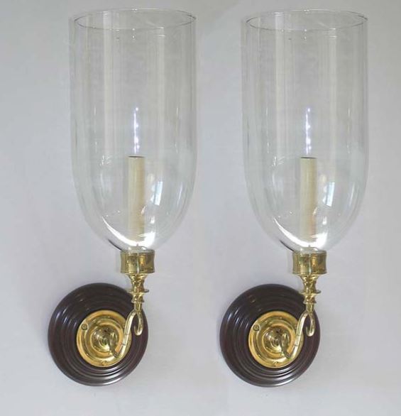 Pair of Mahogany Round Back Single Arm Sconces with Clear Globes - The Kemble Shop