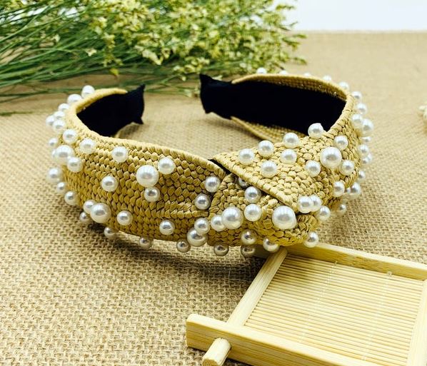 Natural Rattan Knotted Headband with Pearls - The Kemble Shop