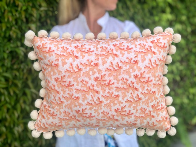 Baby Pink Coral Pillow w/Pom Pom Trim - The Kemble Shop