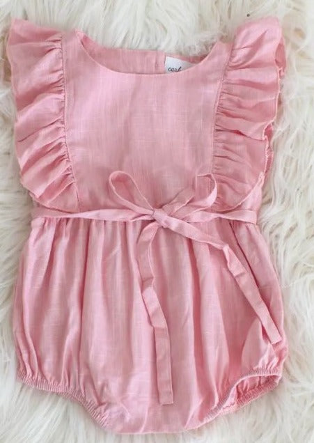 Light Pink Linen Ruffle Romper - The Kemble Shop
