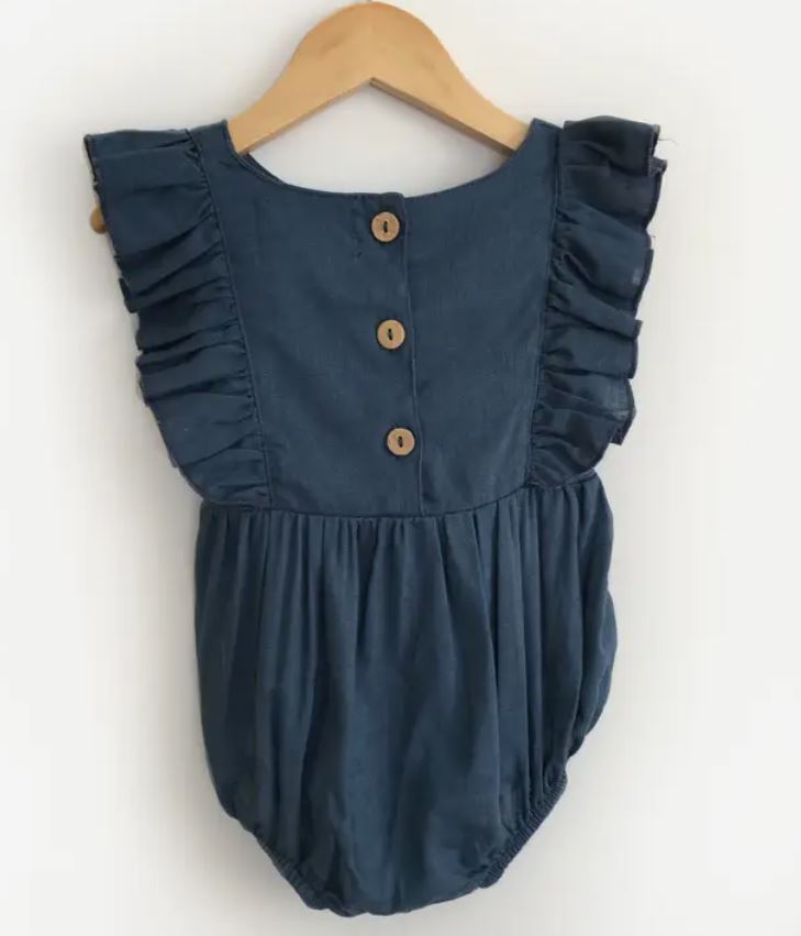 Navy Linen Ruffle Romper - The Kemble Shop