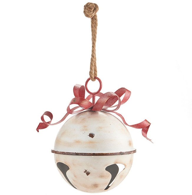 13.75" White Glittered Jingle Bell w/Red Bow Ornament - The Kemble Shop